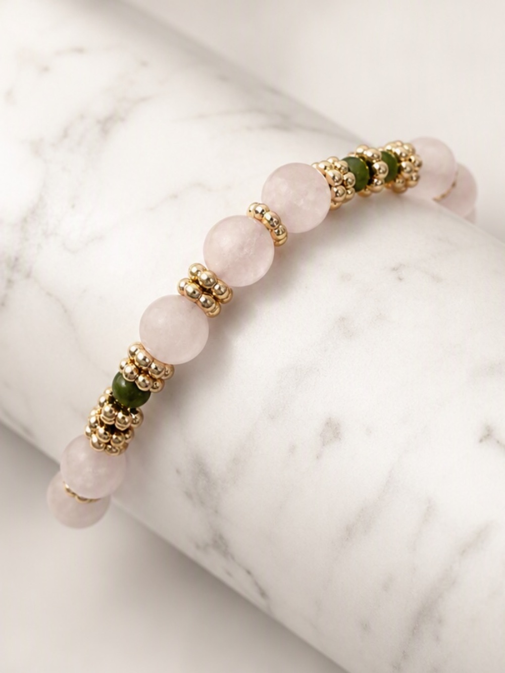 Rose Quartz and Jade Pink Gold and Green Preppy Bracelet Stack Beaded Jewelry